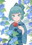  1girl blue_eyes blue_flower blue_hair bow candy_apple cirno expressionless floral_print flower food hair_bow hair_bun highres holding holding_food ice ice_wings japanese_clothes kimono leaf looking_at_viewer morning_glory morning_glory_print short_hair snowflakes solo touco_to touhou wings 