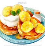  absurdres food food_focus fruit haruna_macpro highres maple_syrup no_humans orange_(fruit) orange_slice original pancake plate simple_background syrup white_background 