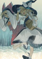  2girls absurdres black_hair black_shirt black_skirt blonde_hair detached_sleeves full_body gloves hakurei_reimu hat highres japanese_clothes kirisame_marisa long_hair long_sleeves miko multiple_girls rain red_shirt red_skirt shi_chimi shirt skirt touhou white_gloves white_hat white_shirt white_sleeves wide_sleeves witch witch_hat 