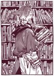  1boy :d animal_ears book bookshelf border brown_theme cat_ears crystal_exarch facing_viewer final_fantasy final_fantasy_xiv from_behind g&#039;raha_tia holding holding_book itowo_(itowc) looking_back male_focus miqo&#039;te monochrome robe smile solo white_border 