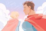  1boy 1girl black_hair blonde_hair blue_eyes cape clark_kent clouds dc_comics english_text looking_back my_adventures_with_superman pending_url sky smile supergirl superman superman_(series) upper_body 