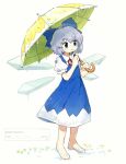  1girl barefoot blue_bow blue_dress blue_eyes blue_hair blush_stickers bow cirno collared_shirt commission dress grass hair_bow highres holding holding_umbrella ice ice_wings looking_to_the_side making-of_available neck_ribbon nendo23 pinafore_dress puffy_short_sleeves puffy_sleeves red_ribbon request_inset ribbon shirt short_hair short_sleeves simple_background sleeveless sleeveless_dress smile touhou umbrella water_drop white_background white_shirt wings 