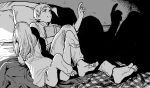  1boy 1girl abaraya aged_down barefoot book dungeon_meshi falin_touden greyscale laios_touden long_hair lying monochrome on_back on_bed on_stomach pillow shadow short_hair siblings 