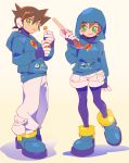  1boy 1girl aile_(mega_man_zx) black_bodysuit blue_hoodie blush_stickers bodysuit bodysuit_under_clothes brown_hair food full_body green_eyes holding holding_food hood hood_down hood_up hoodie kon_(kin219) mega_man_(series) mega_man_zx pants short_hair shorts simple_background tongue tongue_out vent_(mega_man) white_background white_pants white_shorts 