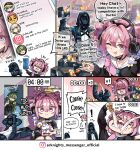 1other 2girls arknights chat_log click_(arknights) controller doctor_(arknights) drinking english_text extra_ears game_controller gavial_(arknights) green_hair headphones highres hm_(hmongt) holding holding_controller holding_game_controller lungmen_dollar multiple_girls one_eye_closed pink_hair playing_games pointy_ears sanity_potion_(arknights) scene_(arknights) social_network speech_bubble u-official_(arknights) 