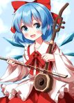  1girl aqua_eyes blue_hair blush bow bow_(music) cirno collarbone commentary_request cosplay cowboy_shot dot_nose frilled_shirt_collar frills hair_between_eyes hair_bow highres holding holding_bow_(music) holding_instrument ice ice_wings instrument long_sleeves neck_ribbon open_mouth red_bow red_ribbon red_skirt ribbon ruu_(tksymkw) satsuki_rin satsuki_rin_(cosplay) shirt short_hair skirt solo split_mouth standing touhou white_shirt wide_sleeves wings yin_yang 