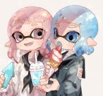  2girls :d :o black_neckerchief black_sailor_collar blue_eyes blue_hair blue_sailor_collar blue_shirt cellphone cup disposable_cup drink drinking_straw eyes_visible_through_hair fang fangs food fruit grey_eyes highres holding holding_cup holding_drink holding_food holding_ice_cream holding_phone ice_cream ice_cream_cone inkling inkling_girl inkling_player_character light_blue_hair long_sleeves medium_hair multiple_girls neckerchief open_mouth phone pink_hair plum0o0 pointy_ears sailor_collar shirt short_bangs short_eyebrows short_hair simple_background smartphone smile splatoon_(series) strawberry suction_cups tentacle_hair white_background white_shirt 