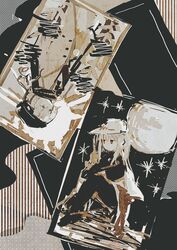  2girls baseball_cap beanie closed_mouth commentary_request cowboy_shot error_0725 expressionless full_moon girls_frontline hat highres limited_palette long_hair long_sleeves moon multiple_girls photo_(object) scar scar-h_(girls'_frontline) scar-l_(girls'_frontline) star_(sky) sun 