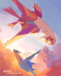  :d bbibebe blue_skin clouds colored_skin flying highres latias latios no_humans open_mouth outdoors pokemon pokemon_(creature) red_eyes red_skin sky smile yellow_eyes 