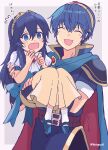  1boy 1girl @_@ aged_down alternate_costume ancestor_and_descendant ascot blue_eyes blue_footwear blue_gloves blue_hair blush cape carrying closed_eyes dress english_commentary fingerless_gloves fire_emblem fire_emblem:_mystery_of_the_emblem fire_emblem_awakening flying_sweatdrops gloves highres kiriya_(552260) long_hair looking_at_another lucina_(fire_emblem) marth_(fire_emblem) open_mouth princess_carry short_hair short_sleeves tiara translation_request twitter_username two-tone_cape white_ascot 