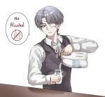  1boy black_vest collared_shirt commentary counter cup daan_(fear_&amp;_hunger) english_text eyepatch fear_&amp;_hunger fear_&amp;_hunger_2:_termina grey_eyes grey_hair highres holding holding_cup jug_(bottle) lilio long_sleeves medical_eyepatch milk neck_ribbon no_symbol parted_lips pouring ribbon shirt simple_background solo standing symbol-only_commentary vest white_background white_ribbon white_shirt 