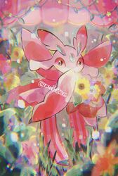  ank836 antennae bouquet chromatic_aberration colored_sclera colored_skin flower highres holding holding_bouquet looking_at_viewer lurantis no_humans no_mouth pink_skin plant pokemon pokemon_(creature) pokemon_focus red_sclera solo standing vines yellow_flower 