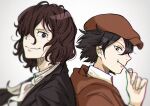  2boys :t back-to-back black_hair black_jacket brown_capelet brown_hair bungou_stray_dogs candy capelet closed_mouth collared_shirt commentary_request curly_hair eating edgar_allan_poe_(bungou_stray_dogs) edogawa_ranpo_(bungou_stray_dogs) food green_eyes grey_eyes hair_between_eyes hair_over_one_eye hand_up hat highres holding holding_candy holding_food holding_lollipop jacket lollipop long_sleeves looking_at_another male_focus multiple_boys neckerchief norimizu shirt short_hair simple_background smile upper_body white_neckerchief white_shirt 
