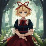  1girl back_bow black_shirt blonde_hair blue_eyes bow bowtie chunjiu collared_shirt doll empty_eyes expressionless flower forest grass hair_ribbon hands_on_own_knees highres looking_down medicine_melancholy nature outdoors pantyhose puffy_short_sleeves puffy_sleeves red_bow red_bowtie red_pantyhose red_ribbon red_skirt ribbon shirt shirt_tucked_in short_hair short_sleeves silk sitting skirt snake spider_web sunlight touhou underbust wavy_hair white_bow white_flower white_snake 