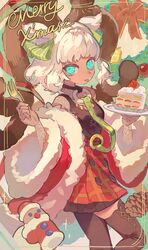  1girl blue_eyes bow cake cake_slice christmas coat collar commentary_request food fork fruit fur-trimmed_coat fur-trimmed_sleeves fur_trim hair_bow highres holding holding_fork holding_plate lace_sleeves leash medium_hair merry_christmas o-ring off_shoulder original pinecone plate santa_claus shirt skirt sleeveless sleeveless_shirt solo strawberry strawberry_shortcake thigh-highs tongue tongue_out two_side_up ushinoki white_hair wreath 