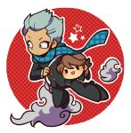  2boys bag blue_scarf blush border brown_hair carrying carrying_under_arm chibi closed_mouth clouds domon_asuka full_body gakuran grey_hair ichinose_kazuya inazuma_eleven inazuma_eleven_(series) kotorai male_focus multiple_boys open_mouth round_border scarf school_uniform short_hair size_difference solid_oval_eyes 