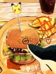  animal_focus burger cheese commentary_request cup cyndaquil food food_focus from_above glass hanabusaoekaki heart highres ketchup lettuce no_humans poke_ball_symbol pokemon pokemon_(creature) potato_wedges sauce sliced_cheese sparkle tomato 