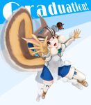  1girl acorn animal_ears blue_background boots brown_eyes brown_hair chipmunk_ears chipmunk_girl chipmunk_tail extra_ears gloves gyrokonzept highres kemono_friends kemono_friends_v_project looking_at_viewer microphone ribbon shirt short_hair shorts siberian_chipmunk_(kemono_friends) simple_background tail thigh-highs vest virtual_youtuber 