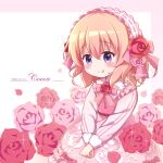  1girl :q blush bow brown_hair character_name closed_mouth commentary_request dated dress flower gochuumon_wa_usagi_desu_ka? goth_risuto hair_between_eyes hoto_cocoa lolita_fashion long_sleeves looking_at_viewer pink_background pink_bow pink_dress pink_flower pink_rose puffy_long_sleeves puffy_sleeves red_flower red_rose rose smile solo tongue tongue_out twitter_username two-tone_background violet_eyes white_background 