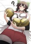  1girl ? alternate_costume black_hair blush bow breasts brown_eyes commentary_request cowboy_shot gomeifuku green_bow hair_bow hair_flaps highres large_breasts long_hair looking_at_viewer number_pun red_shorts reiuji_utsuho shirt shorts solo sportswear touhou very_long_hair volleyball volleyball_uniform white_background white_shirt 