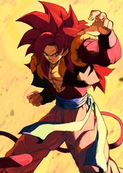  1boy black_vest blue_eyes body_fur brown_fur cowboy_shot dragon_ball dragon_ball_gt fighting_stance gogeta highres long_hair male_focus metamoran_vest monkey_tail pants pato007711 redhead sash solo spiky_hair super_saiyan super_saiyan_4 tail vest white_pants yellow_background 