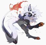  1other animal_ears animal_feet body_fur character_request flame-tipped_tail full_body furry grey_pants highres kamikiririp orange_eyes original pants purple_fur solo white_background white_hair white_tail 