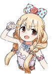  1girl azmira1534815 bare_shoulders blonde_hair blush bow brown_eyes dress flat_chest futaba_anzu hair_bow idolmaster idolmaster_cinderella_girls long_hair looking_at_viewer low_twintails open_mouth simple_background sketch smile solo twintails upper_body v white_background 