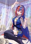  1girl alear_(female)_(fire_emblem) alear_(fire_emblem) arm_up black_thighhighs blue_eyes blue_hair crossed_bangs fire_emblem fire_emblem_engage hair_between_eyes heterochromia highres long_hair looking_at_viewer multicolored_hair on_bed open_mouth oramustat red_eyes redhead solo thigh-highs tiara two-tone_hair very_long_hair 