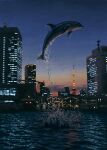  animal animal_focus building city city_lights clouds commentary_request dolphin dusk highres jumping no_humans original sadajiro skyscraper solo splashing tokyo_(city) tower twilight water_drop 