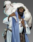  1boy absurdres beard black_hair brown_eyes carrying crown_of_thorns dark-skinned_male dark_skin facial_hair highres jesus lamb male_focus mustache sheep solo standing the_bible wolfythewitch 