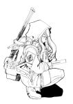  1girl backpack bad_id bad_pixiv_id bag character_request copyright_request from_side gun highres hood hood_up hoodie ihobus jacket long_hair looking_ahead machine_gun magazine_(weapon) monochrome on_one_knee shoes simple_background solo thigh-highs weapon white_background 