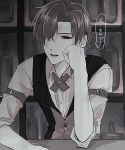  1boy 37time arm_belt bar_(place) bartender bottle collared_shirt commentary_request cross_tie greyscale hair_between_eyes hair_over_one_eye head_rest leaning_forward long_bangs looking_at_viewer mahjong_soul male_focus monochrome open_mouth parted_bangs shinomiya_natsuki_(mahjong_soul) shirt short_hair sleeves_rolled_up smile solo striped_clothes striped_vest teeth translation_request upper_body upper_teeth_only vest 