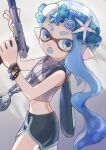  1girl :o black_shorts blue_eyes blue_hair commentary cropped_sweater dolphin_shorts fang grey_background grey_sweater grey_trim gun head_wreath highres holding holding_gun holding_weapon inkling inkling_girl inkling_player_character jewelry long_hair maroooooow n-zap_(splatoon) necklace open_mouth pointy_ears shorts sleeveless sleeveless_sweater solo splatoon_(series) splatoon_3 standing sweater tentacle_hair thick_eyebrows very_long_hair watch watch weapon 