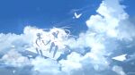  2girls bird blue_skin blue_sky cat cat_girl cat_tail clouds colored_skin day dress highres long_hair multiple_girls original outdoors paper_airplane rune_xiao scenery signature sky tail white_dress white_hair 