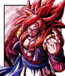  1boy absurdres black_vest blue_eyes blue_sash brown_fur cropped_vest dragon_ball dragon_ball_gt from_above gogeta highres long_hair looking_at_viewer looking_up male_focus metamoran_vest muscular muscular_male pants redhead sash solo spiky_hair super_saiyan super_saiyan_4 ushi_(akabec0) vest white_pants 