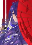  1girl acheron_(honkai:_star_rail) ahoge armor coat commentary fen_sui from_behind hair_over_one_eye holding holding_umbrella honkai:_star_rail honkai_(series) long_hair looking_at_viewer oil-paper_umbrella purple_hair red_background shoulder_armor solo umbrella upper_body violet_eyes white_background white_coat 
