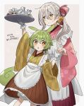  1boy 1girl :o animal_ears apron arm_up bell blush border bow braid brown_skirt closed_mouth cone_huraku crossdressing dated feet_out_of_frame frilled_apron frills frown gloves green_hair grey_background grey_hair hair_bell hair_between_eyes hair_bow hair_ornament holding holding_hands holding_tray iori_yuzuru japanese_clothes jingle_bell kimono long_hair long_sleeves looking_at_viewer maid maid_day open_mouth orange_eyes pink_bow pink_kimono pleated_skirt ponytail rabbit_ears side_braid sidelocks simple_background skirt sweatdrop tray twitter_username voiceroid voicevox wa_maid white_apron white_border white_gloves wide_sleeves yellow_kimono zundamon 
