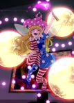  1girl absurdres american_flag american_flag_dress american_flag_pants american_flag_print arm_up artist_name blonde_hair clownpiece crazy danmaku dress fairy_wings fire flag_print flying full_body hat highres holding holding_torch hoshiringo0902 jester_cap long_hair looking_at_viewer moon neck_ruff no_shoes open_mouth pants polka_dot print_pants purple_fire purple_hat smile solo spell_card star_(symbol) star_print striped_clothes striped_dress striped_pants teeth tongue torch touhou violet_eyes wavy_hair wings 