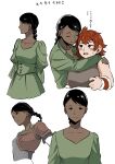  2girls absurdres armor black_eyes closed_eyes dark-skinned_female dark_skin dress dungeon_meshi green_dress highres hug kiki_floke mado_cat02 multiple_girls multiple_views namari_(dungeon_meshi) sweatdrop upper_body white_background yuri 