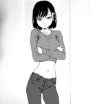  1girl bad_id bad_pixiv_id black_hair breasts crossed_arms dende_(dndn222) earrings facing_viewer greyscale hair_behind_ear highres jewelry large_breasts long_sleeves looking_at_viewer monochrome navel original pants scan scan_artifacts short_hair smile solo standing stomach traditional_media 