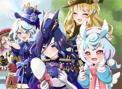 +_+ 5girls :d ahoge aqua_eyes ascot black_gloves black_hat blonde_hair blue_ascot blue_bow blue_eyes blue_hair blue_hat blue_jacket blue_shorts blush bow bowtie breasts charlotte_(genshin_impact) clorinde_(genshin_impact) closed_eyes commentary_request cosmetics drill_hair drop-shaped_pupils flower furina_(genshin_impact) genshin_impact gloves hair_between_eyes hair_ornament hand_on_own_cheek hand_on_own_face hat hat_bow hat_feather heterochromia holding holding_lipstick_tube holding_mirror jacket kodona large_breasts light_blue_hair lipstick_tube lolita_fashion long_hair long_sleeves mirror mugen_kinisii multicolored_hair multiple_girls navia_(genshin_impact) nurse_cap outdoors pink_hair pom_pom_(clothes) pom_pom_hair_ornament powder_puff purple_flower purple_hair red_bow red_bowtie red_eyes red_hat shorts sigewinne_(genshin_impact) smile streaked_hair symbol-shaped_pupils top_hat tricorne very_long_hair vision_(genshin_impact) white_gloves white_hair 