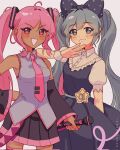  2girls alternate_color black_bow black_skirt blue_eyes blue_hair blush bow cosplay costume_switch dark-skinned_female dark_skin detached_sleeves hair_bow hatsune_miku highres idawnrunner long_hair long_sleeves looking_at_viewer multiple_girls omori open_mouth pink_eyes pink_hair pink_nails polka_dot polka_dot_bow puffy_short_sleeves puffy_sleeves shirt short_sleeves skirt sleeveless sleeveless_shirt smile sweetheart_(omori) triangle_mouth twintails vocaloid 