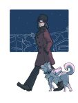  1boy animal aragaki_shinjirou beanie black_hair black_hat black_pants closed_mouth coat commentary_request dog from_side full_body grey_fur hands_in_pockets hat highres koromaru_(persona) kunsei_oishii looking_at_another looking_down looking_to_the_side male_focus medium_hair night night_sky pants persona persona_3 red_coat sky smile star_(sky) starry_sky tongue tongue_out trench_coat walking white_wings wings 
