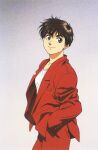  1990s_(style) 1girl artist_request black_eyes buttons gradient_background hands_in_pockets head_tilt highres izumi_noa jacket key_visual kidou_keisatsu_patlabor looking_at_viewer looking_to_the_side official_art promotional_art redhead retro_artstyle scan short_hair suit traditional_media 