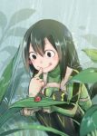  1girl :q asui_tsuyu blush_stickers bodysuit boku_no_hero_academia bow-shaped_hair bug chest_harness covered_collarbone double-parted_bangs finger_to_mouth gloves grass green_bodysuit green_hair grey_eyes hair_between_eyes harness highres knees_to_chest ladybug long_hair looking_at_animal nature outdoors qing_yang rain raised_eyebrows sidelocks smile squatting superhero_costume tareme tongue tongue_out water_drop wet white_gloves 