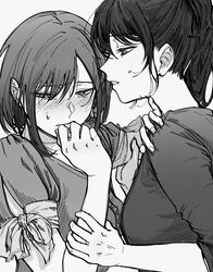  2girls asahina_mafuyu blush closed_mouth commentary_request greyscale hand_on_another&#039;s_shoulder highres holding_another&#039;s_wrist korean_commentary long_hair monochrome multiple_girls parted_lips project_sekai shinonome_ena short_hair short_sleeves sweat sweatdrop upper_body xxxoff yuri 