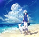  1boy aqua_hair bare_arms bare_shoulders barefoot beach bird black_footwear blue_hoodie blue_sky check_copyright clouds colored_tips commentary_request copyright_request creature day flock full_body half-closed_eyes holding_sandals hood hood_down hoodie looking_at_animal looking_down male_focus multicolored_hair mura_karuki ocean original outdoors pants shadow shore short_hair simple_bird sky sleeveless sleeveless_hoodie solo starfish sweatpants white_bird white_hair white_pants 