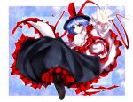  1girl ascot black_bow black_footwear black_skirt blue_background blue_hair bow capelet closed_mouth commentary_request frilled_shawl frills full_body hagoromo hat hat_bow kazetto long_skirt long_sleeves looking_at_viewer nagae_iku red_ascot red_bow red_eyes shawl short_hair skirt solo touhou white_capelet 