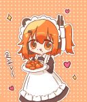  1girl a.i._voice adachi_rei alternate_costume apron black_dress chibi chibi_only chicken_(food) dress enmaided feet_out_of_frame food food_on_face fried_chicken frilled_apron frills hair_ornament hair_ribbon hairclip headset heart holding holding_plate hyouenn long_sleeves looking_at_viewer maid maid_apron maid_headdress medium_hair one_side_up open_mouth orange_background orange_eyes orange_hair outline plate polka_dot polka_dot_background revision ribbon smile solo sparkle standing utau white_outline white_ribbon 