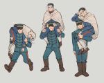  2boys beard_stubble black_eyes cape carrying facial_hair fireman&#039;s_carry gkyoyo00 golden_kamuy grey_background hat highres hood hood_up hooded_cape long_sleeves loose_hair_strand male_focus military_hat military_uniform multiple_boys multiple_views no_eyes no_pupils ogata_hyakunosuke scar scar_on_cheek scar_on_face shaded_face short_hair shoulder_carry simple_background standing stubble undercut uniform wading white_cape 